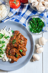 Beef Stroganoff served with rice
