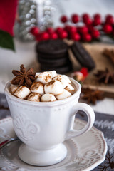 Cup of hot cocoa with marshmallow with Christmas decorations