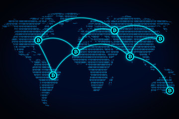 International cryptocurrency system. Bitcoin network on world map. New digital money payment system.