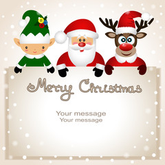 Fototapeta na wymiar Funny postcard with Christmas Elf, Christmas reindeer and Santa.