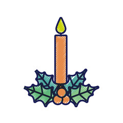 christmas candle burning with holly berry leaves decoration