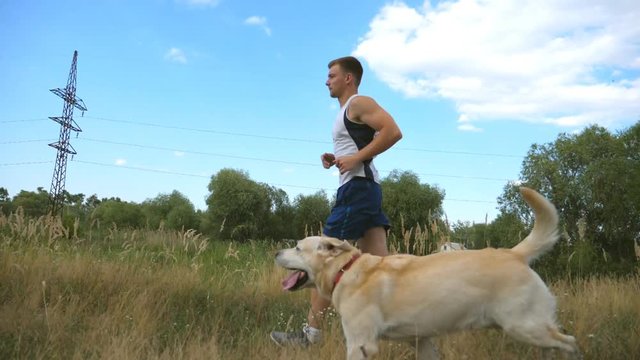 Young man running outdoor with his dog. Labrador or golden retriever jogging with his male owner at nature. Healthy active lifestyle. Slow motion Side view