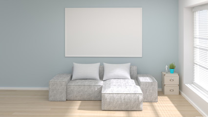 Fototapeta na wymiar mock up modern living room posters frame 3D rendering bright interior empty living room and white pillow