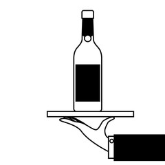 waiter hand holding tray with wine bottle