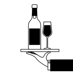 waiter hand holding tray with bottle glass of champagne for service
