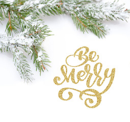 text Be Merry of Christmas tree in snow, on white background. Flat lay, top view photo mockup