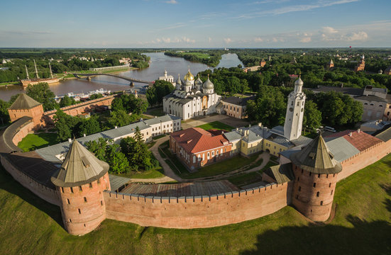 Aerial view of Velikiy Novgorod Kremlin in Russia. Object of world heritage of UNESCO