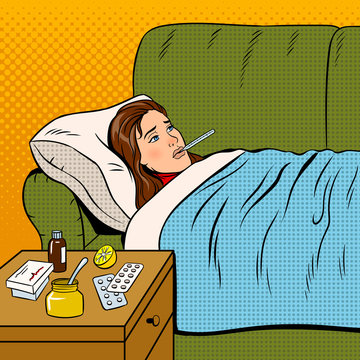 Flu Sick Girl Lies In Bed Pop Art Vector