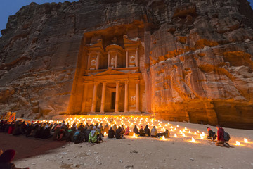 The Treasury, Petra By Night. An Ancient City of Petra, Al Khazneh in Jordan