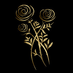 Golden vector roses on a black background. Embroidery with gold threads on T-shirts and coats of arms.