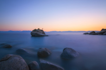 Fototapeta na wymiar Lake Tahoe blue hour sunset near Bonsai Rock 