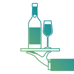 waiter hand holding tray with bottle glass of champagne for service