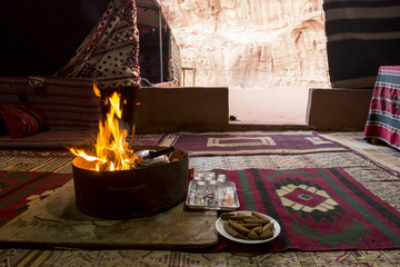 Campfire in a bedouin tent in the wadi rum desert, Jordan