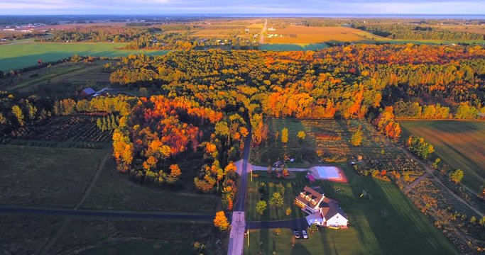 Aerial flyover of beautiful Autumn field and forest landscape at dawn.
