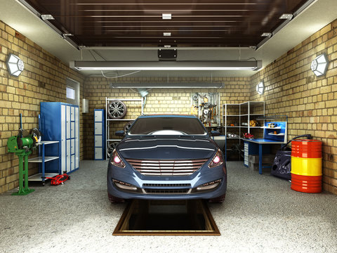 Front View of a Garage with a car 3D Interior with Opened Roller Door 3D Rendering