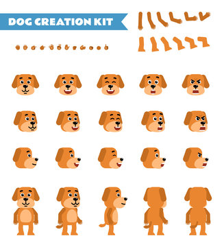 Funny yellow dog creation set. Various gestures, emotions, diverse poses, views. Create your own pose, animation. Flat style vector illustration