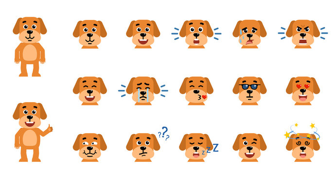 Set of funny yellow dog emoticons showing different emotions. Happy, sad, angry, dazed, sleep, shocked, tired, in love and other emotions. Flat style vector illustration