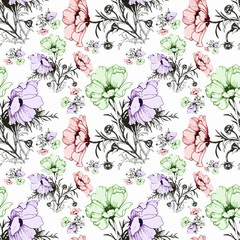 Watercolor seamless pattern with colorful flowers and leaves on white background, watercolor floral pattern, flowers in pastel color, tile for wallpaper, card or fabric. - 181493331