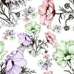 Watercolor seamless pattern with colorful flowers and leaves on white background, watercolor floral pattern, flowers in pastel color, tile for wallpaper, card or fabric. - 181493336