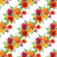 Watercolor seamless pattern with colorful flowers and leaves on white background, watercolor floral pattern, flowers in pastel color, tile for wallpaper, card or fabric. - 181493352