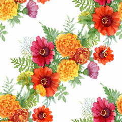 Watercolor seamless pattern with colorful flowers and leaves on white background, watercolor floral pattern, flowers in pastel color, tile for wallpaper, card or fabric. - 181493361
