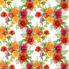 Watercolor seamless pattern with colorful flowers and leaves on white background, watercolor floral pattern, flowers in pastel color, tile for wallpaper, card or fabric. - 181493373