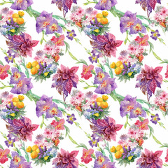 Watercolor seamless pattern with colorful flowers and leaves on white background, watercolor floral pattern, flowers in pastel color, tile for wallpaper, card or fabric. - 181493502