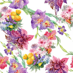 Watercolor seamless pattern with colorful flowers and leaves on white background, watercolor floral pattern, flowers in pastel color, tile for wallpaper, card or fabric. - 181493512