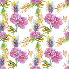Watercolor seamless pattern with colorful flowers and leaves on white background, watercolor floral pattern, flowers in pastel color, tile for wallpaper, card or fabric. - 181493563