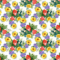 Watercolor seamless pattern with colorful flowers and leaves on white background, watercolor floral pattern, flowers in pastel color, tile for wallpaper, card or fabric. - 181493593