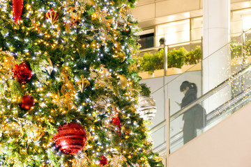 クリスマスツリーとスマホを見ながらエスカレーターを下る女性