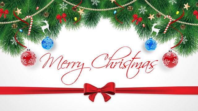 Cute original Merry Christmas congratulations card. Subscription on white background with winter landscape with snowflakes, light, stars and other tinsels. Merry Christmas card