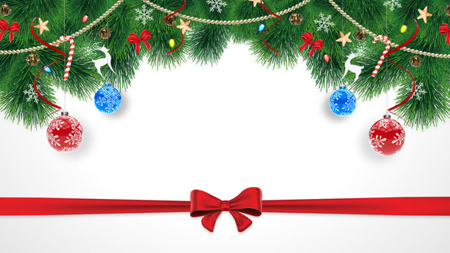 Cute original Merry Christmas congratulations card with empty space for subscription. Subscription on the white background with christmas tinsels and red stripe and bow on the center