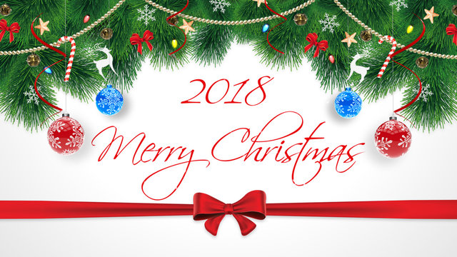 2018 Merry Christmas. Cute original Merry Christmas congratulations card with subscription. Subscription on the white background with christmas tinsels and red stripe and bow on the center