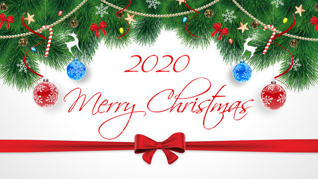 2020 Merry Christmas. Cute original Merry Christmas congratulations card with subscription. Subscription on the white background with christmas tinsels and red stripe and bow on the center
