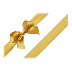 Gold bow tied using silk ribbon, cut out top view, corner