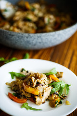 Buckwheat noodles with fried mushrooms and vegetables