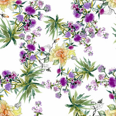 Watercolor seamless pattern with colorful flowers and leaves on white background, watercolor floral pattern, flowers in pastel color, tile for wallpaper, card or fabric.