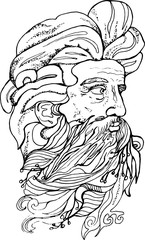 Black and white illustration of a man's head with a beard and branches.