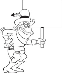Black and white illustration of a cowboy holding a sign.