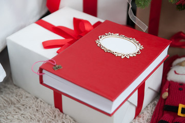 Boxes with gifts, red notepad. Happy new year. Colorful Concept. New Year background. Christmas.