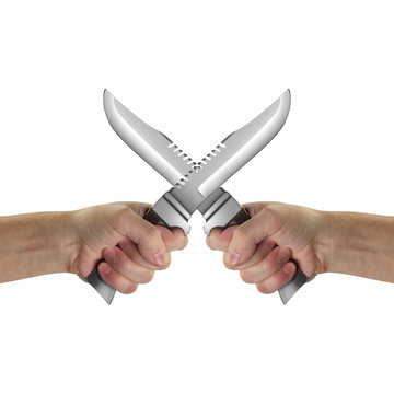 Objects Hands action - Two crossed Hand holds Survival knife. Isolated