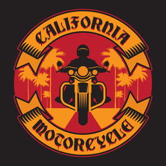 Fototapeta premium Biker riding a motorcycle, label with text California Motorcycle