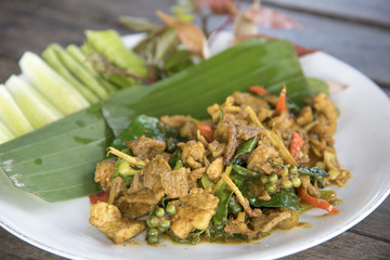 Fried spicy boar Thai food, stir fried rice with boar.