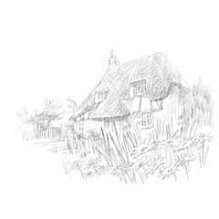 Graphic image of a small English house. Illustration with a house. House in the grass. - 181496328