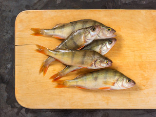 Fresh fish. Fresh river fish perch. On a yellow wooden background. Top view