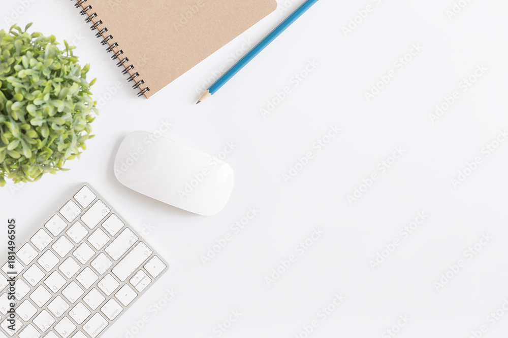 Wall mural flat lay photo of office desk with mouse and keyboard,white copyspace with pencil top view