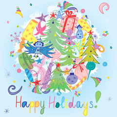 Happy Holidays! Colorful Hand Drawn Funny Doodle Holiday Set with Candies,  Gifts, Candle, Fir Trees, Angel, Stars and Snowflakes. Children Cute Drawings Arranged in a Circle. Vector illustration.