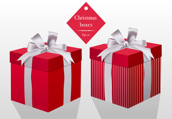 Set of Red vector Christmas gift boxes Isolated on White background with silver white ribbon 