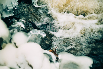 Waterfall in snowy forest. Winter Mumlava Waterfall in Harrachov, Krkonose mountains, Czech Republic
